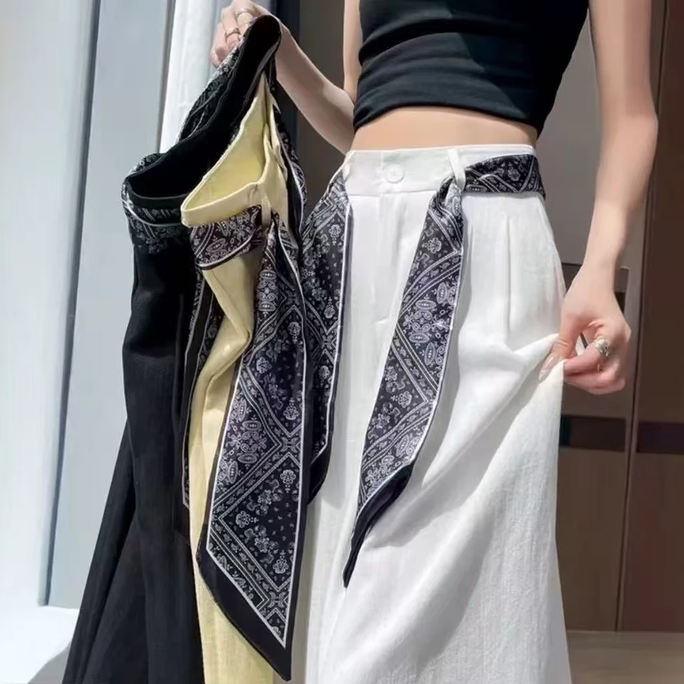 【现货+运费险+飘带】钛金棉麻西装阔腿裤女新款系带高腰直筒7778