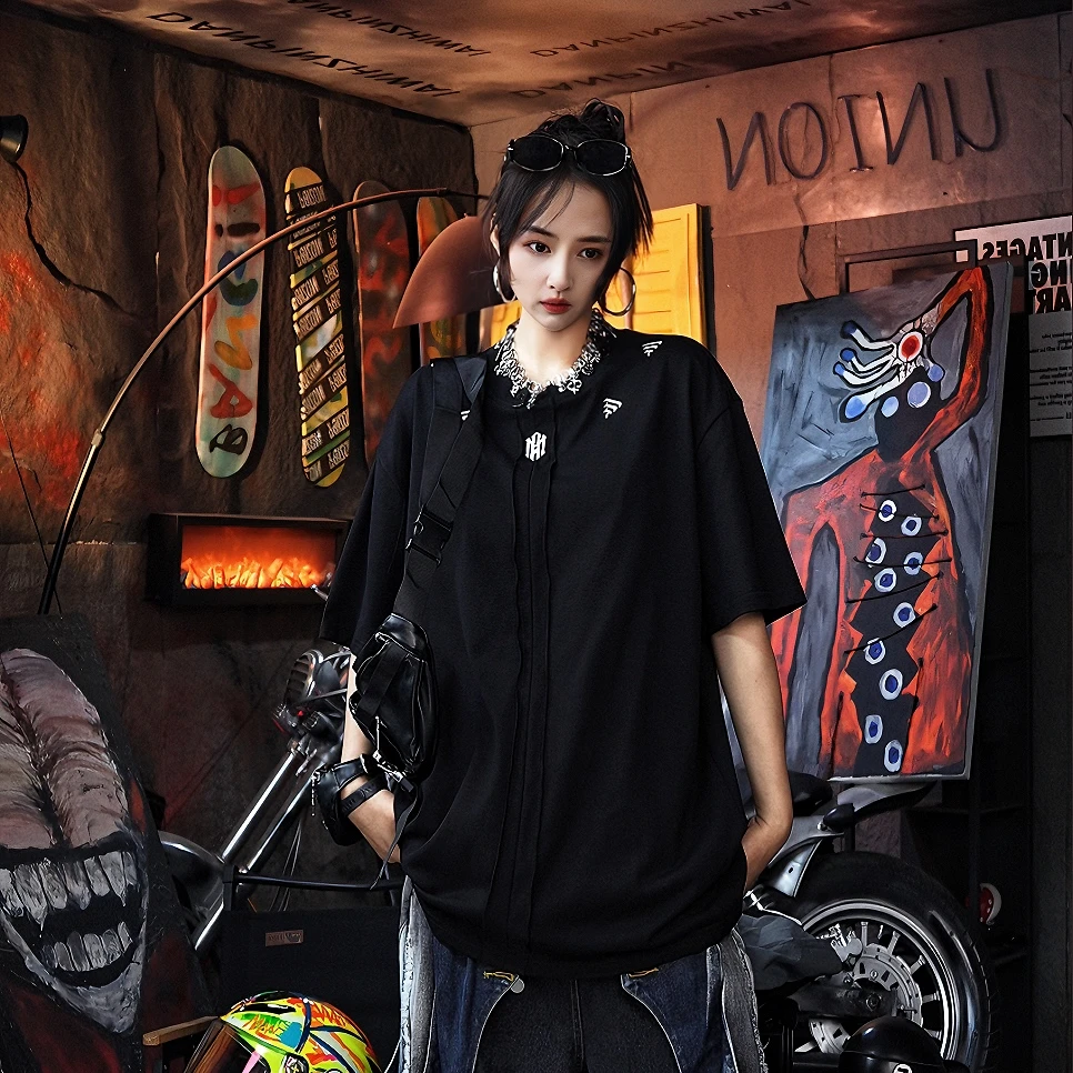 XLUN 【新款】明星同款重磅涂鸦短袖 拼接印花宽松不规则男女款