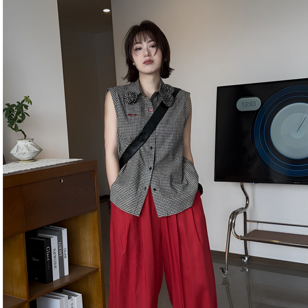 【领花】格子领口花无袖 气质时尚短袖 25DX13657