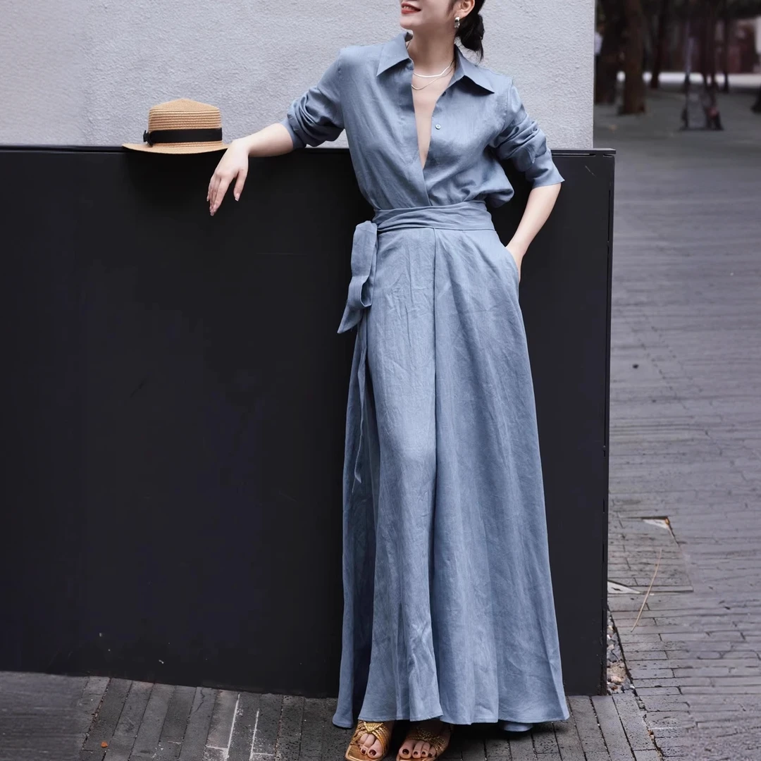 亚麻衬衣套装女秋季2025流行爆款蓝色衬衫围裹式长款半身裙两件套