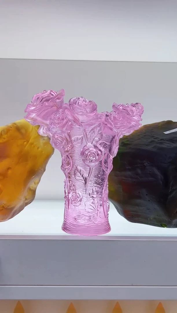 手工艺品琉璃啦*古法琉璃玫瑰花瓶小摆件