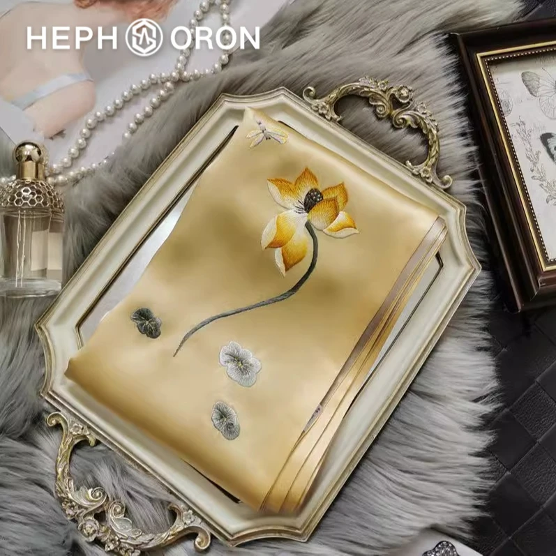 HEPHSORON苏绣丝巾礼盒送妈妈黄色刺绣薄款披肩桑蚕丝真丝围巾