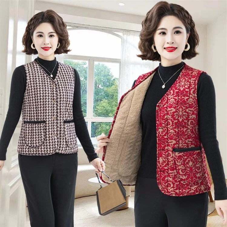 中老年人棉马夹秋冬妈妈装外穿背心时尚加绒坎肩保暖马甲上衣冬装