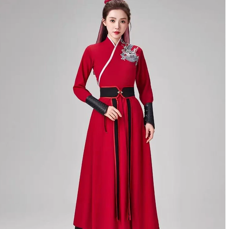 雪龙吟舞蹈服扇子舞打鼓服花木兰古风演出服古典舞红色汉服