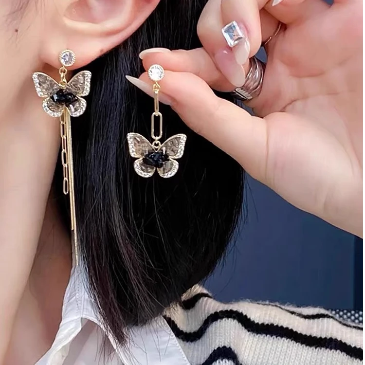 铜合金耳饰 小众设计感高级不对称蝴蝶流苏耳环个性AB款耳饰B402