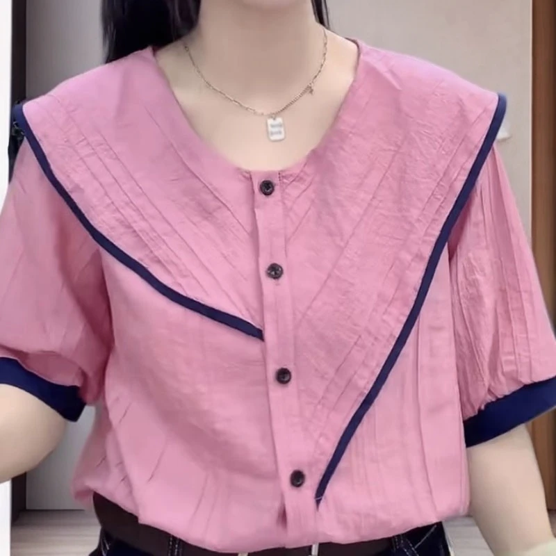 法式时尚百搭气质不规则短袖衬衫女士2025小众独特高级感衬衣上衣