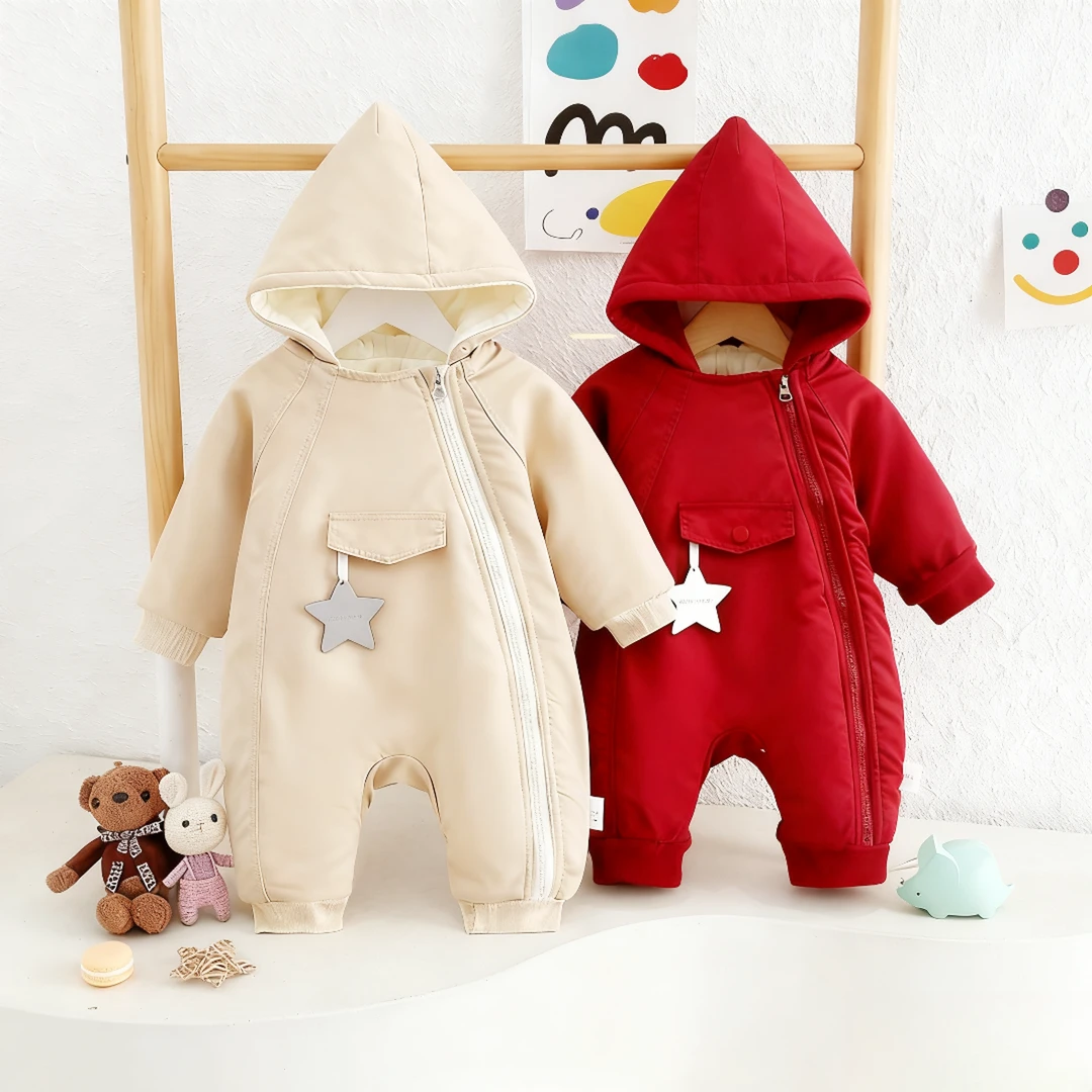 MR冬季新款巫师帽哈衣男女宝宝斜拉链五角星保暖婴幼儿连体哈衣