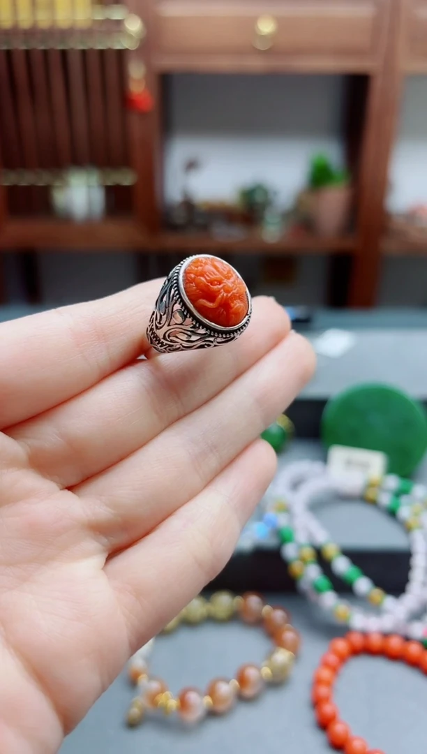 南红玛瑙戒指银S925镶嵌s925银南红龙戒指JN