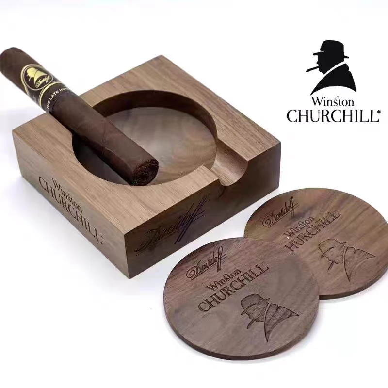 大卫杜夫原装正品温斯顿丘吉尔纯木雪茄烟缸实木烟灰缸