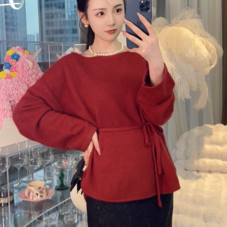 【BAGALIO】大领口宽松简约系带浣熊绒毛衫 321