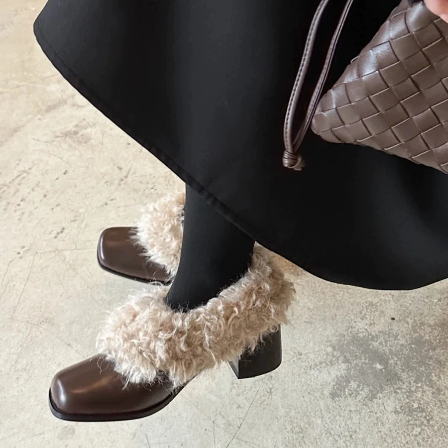 牛皮版~复古高跟毛毛鞋女加绒保暖方头单鞋一脚蹬粗跟小皮鞋棉鞋