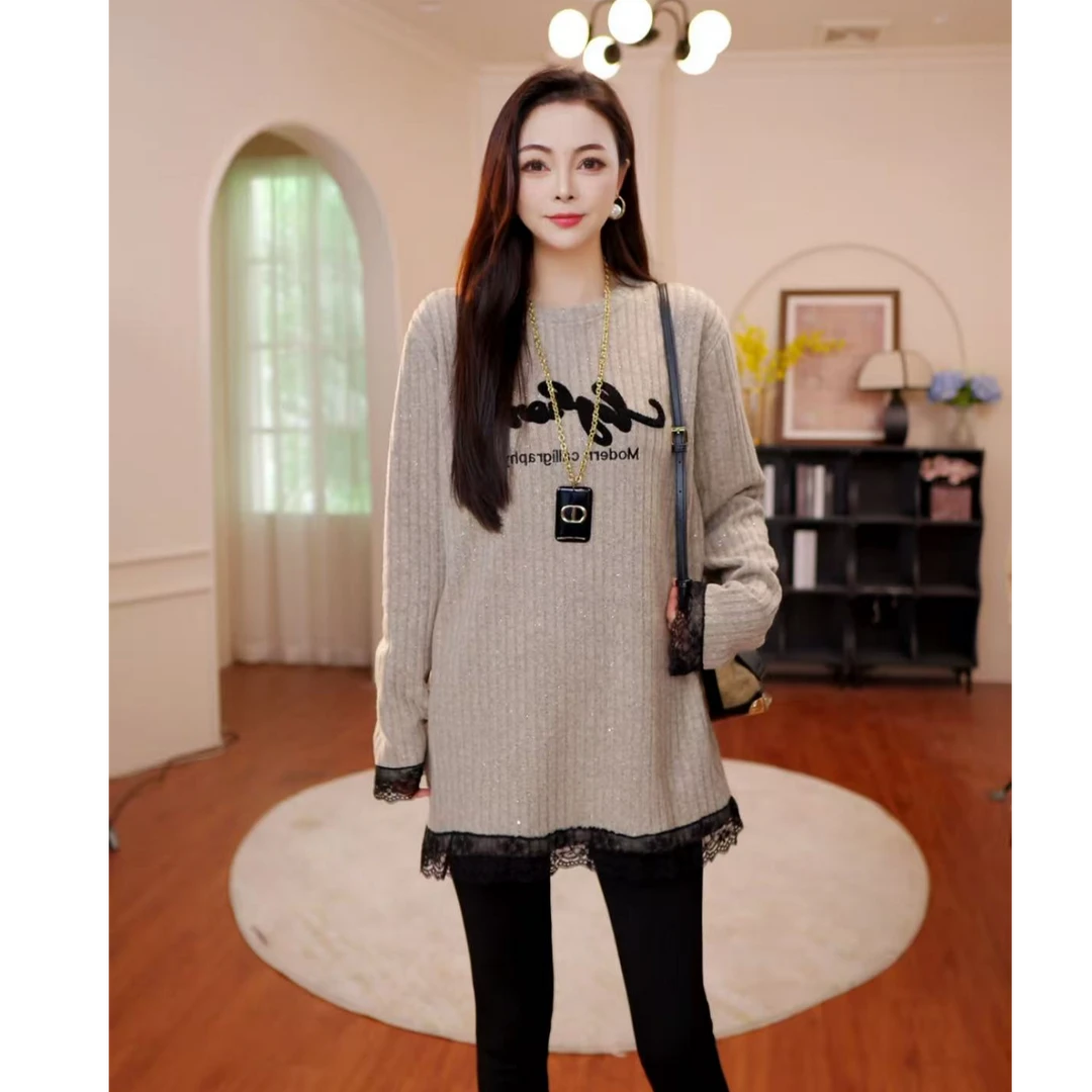 2025秋冬新款拼接蕾丝字母气质加绒打底上衣H16029