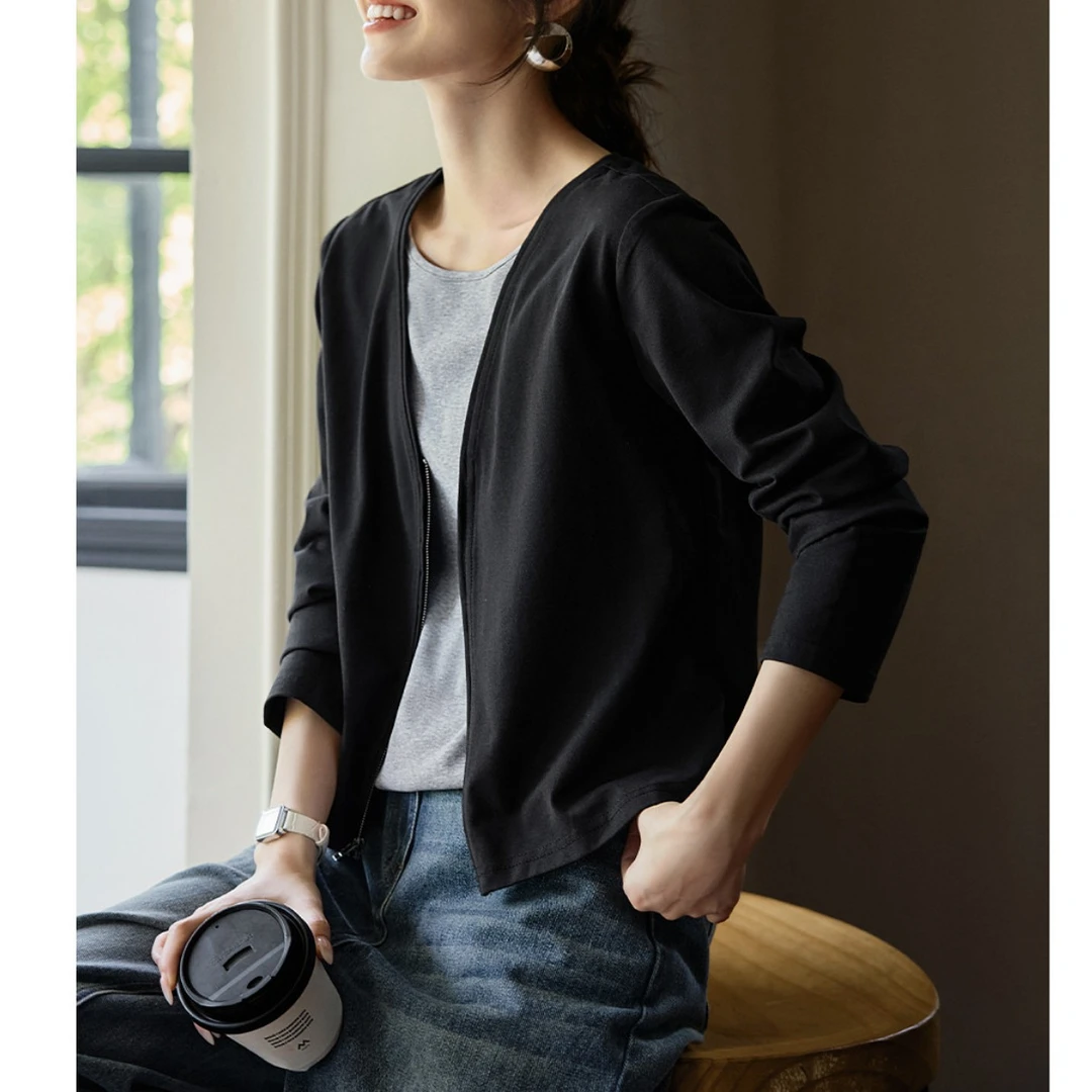 百搭知性拉链式假两件撞色长袖T恤秋假两件长袖T恤