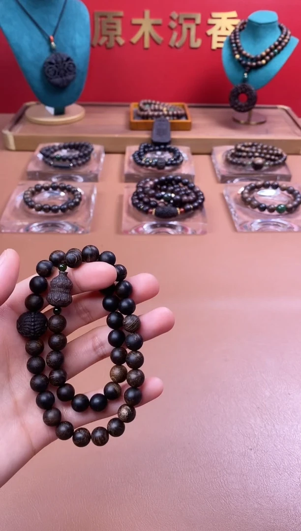 【闪购商品】沉香手串富森瘿子瘤疤08+葫芦貔貅顶珠沉香木雕