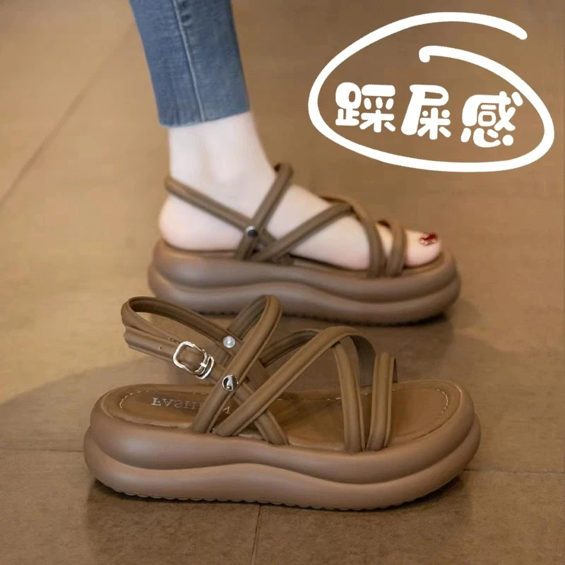 梦孜百丽厚底凉鞋女款2025年夏季新款外穿软底休闲罗马凉鞋女百搭