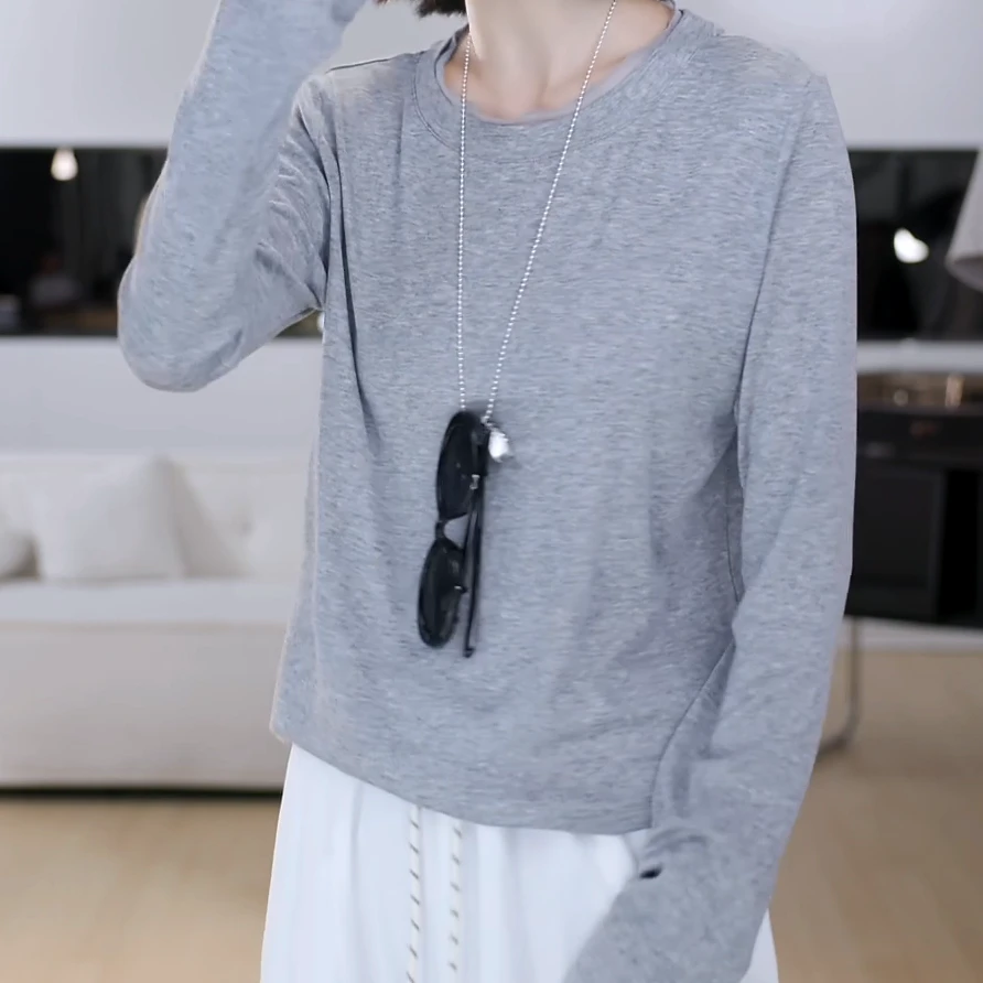 时尚圆领套头防晒衫纯色T恤长袖C5717