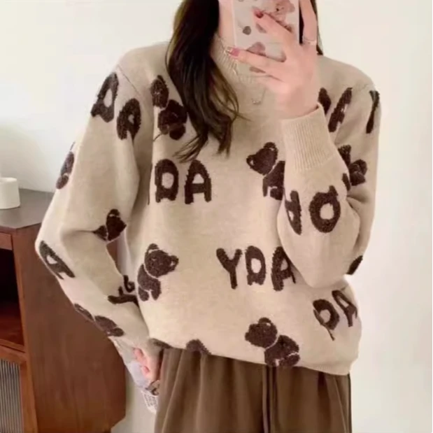 厚款抗污耐脏小熊毛衣韩版圆领提花休闲上衣百搭冬季网红印花