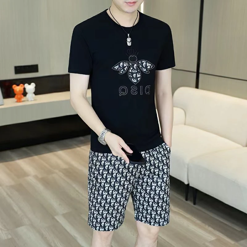 男士夏季新款潮流时尚轻奢高品质刺绣短袖短裤帅气百搭休闲套装