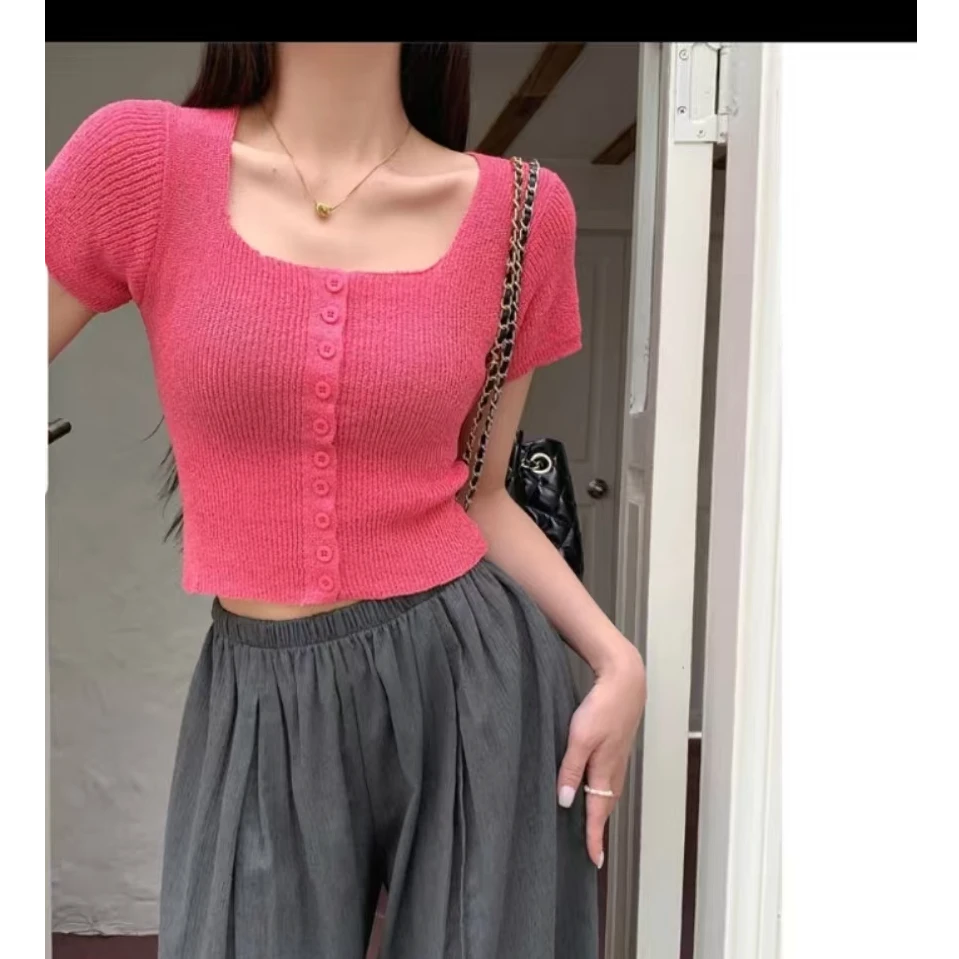 A077玫红色薄款针织衫女夏季微胖遮肉上衣U形领纯色短款上衣短袖t