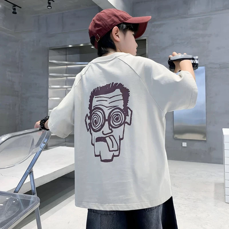 【洋气老头】男童T恤2025新款儿童夏季百搭潮牌圆领插肩休闲短袖