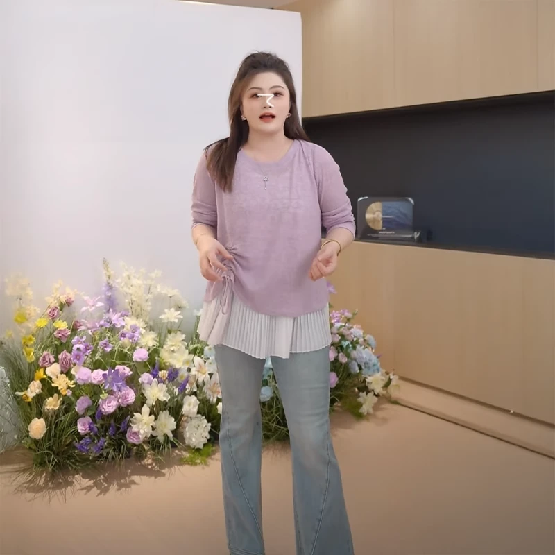 美熙媛大码女装宽松抽绳长袖针织罩衫女夏季胖mm巨百搭遮肚子上衣