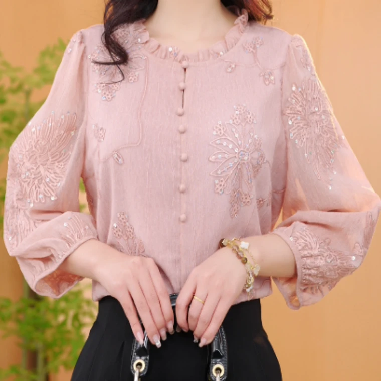 敬亭2025新中式国风设计感气质印花圆领衬衫上衣M371洋洋