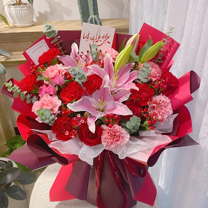 【满满的爱】粉百合红色康乃馨粉色康乃馨红玫瑰混搭鲜花花束/生日鲜花祝寿花束送长辈送老师