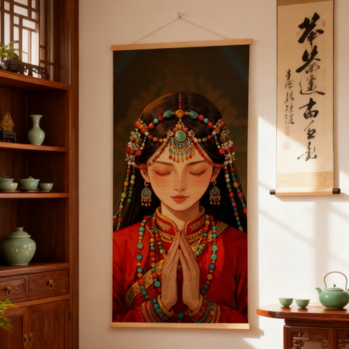 新中式竹帘挂画茶室沙发背景墙装饰画办公室玄关虔诚少女图可定制