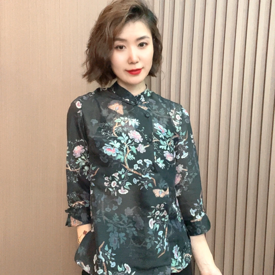 薄款防晒长袖七分袖衬衫袖衬衫单排多扣显瘦春季宽松立领提花