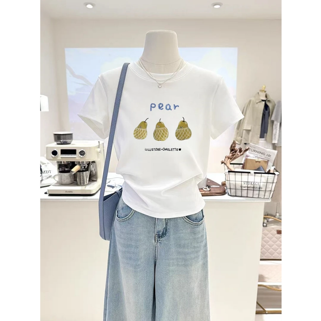 韩系水果鸭梨刺绣2025新款修身显瘦短袖简约打底衫T恤女上衣内搭