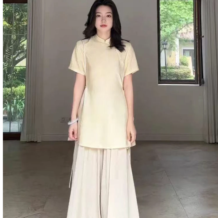 大码夏季新款禅意套装女新中式显瘦短袖上衣宽松阔腿裤两件套