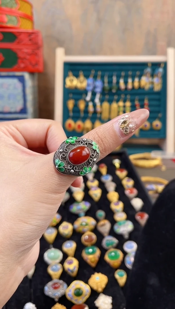 【闪购商品】非遗花丝镶嵌戒指绿花