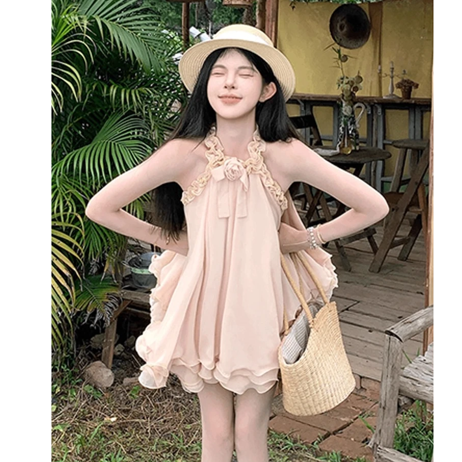 无袖挂脖连衣裙女2025夏季韩系松弛感a字裙花苞裙裙子