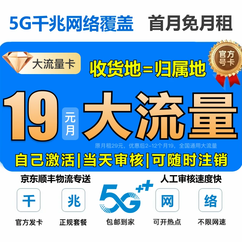 【19元月租】大流量电话卡手机卡流量卡5G流量卡低月租本地号码SD1