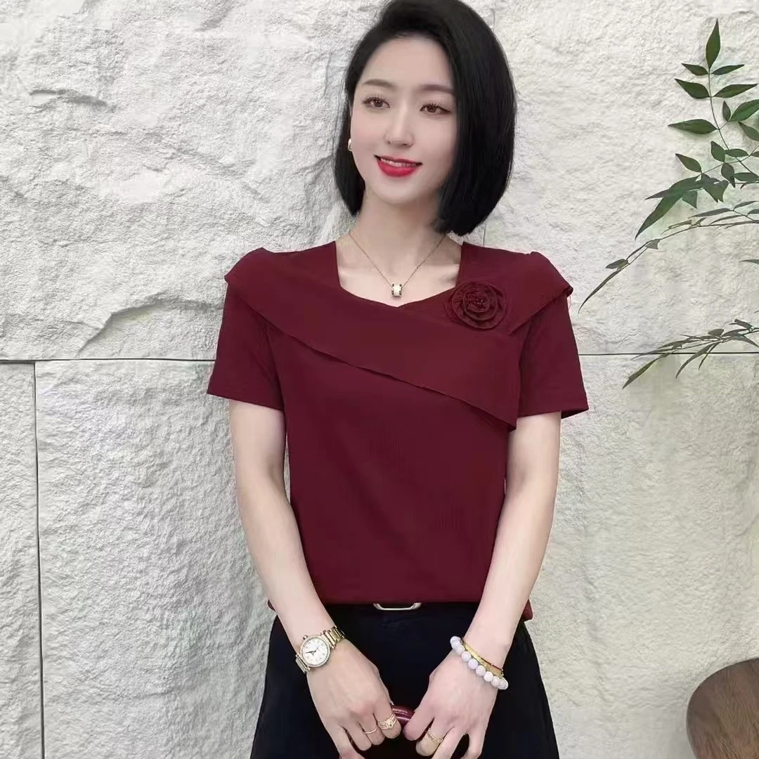 2025夏季新时尚气质百搭纯色T恤立体花朵方领一字肩设计红色上衣
