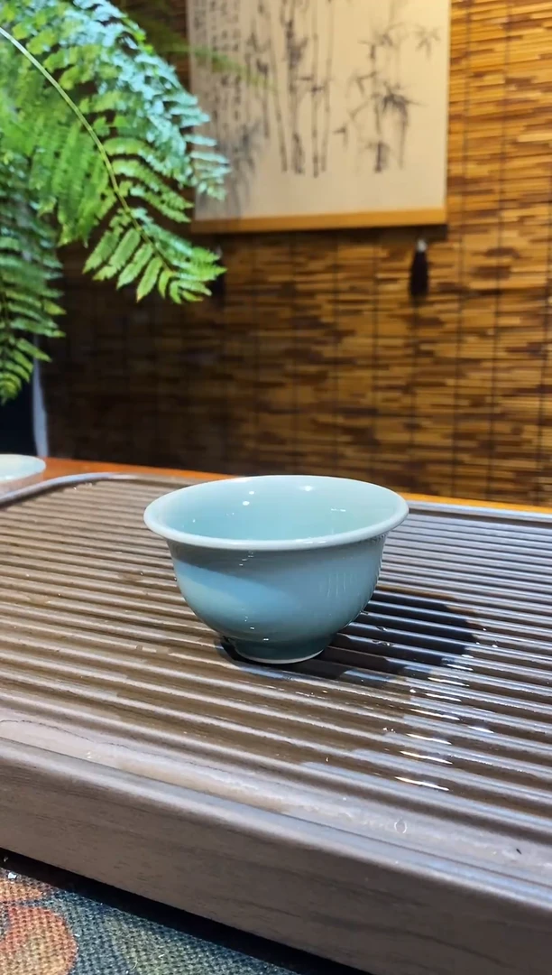 山隐青瓷龙窑柴烧杯子 粉青压手杯30CC
