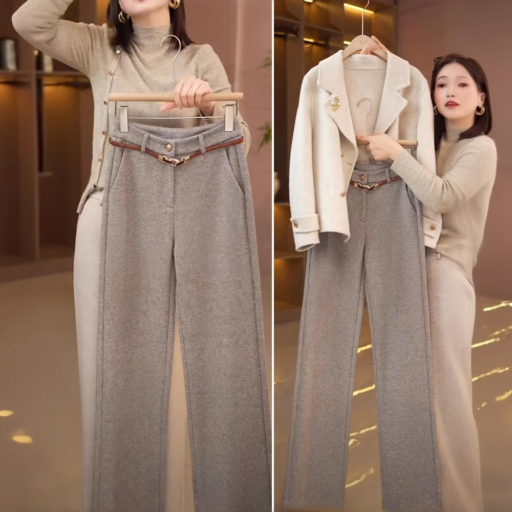 加绒裤子女2025新款羊毛裤秋冬季加长裤高腰直筒西装裤毛呢阔腿裤