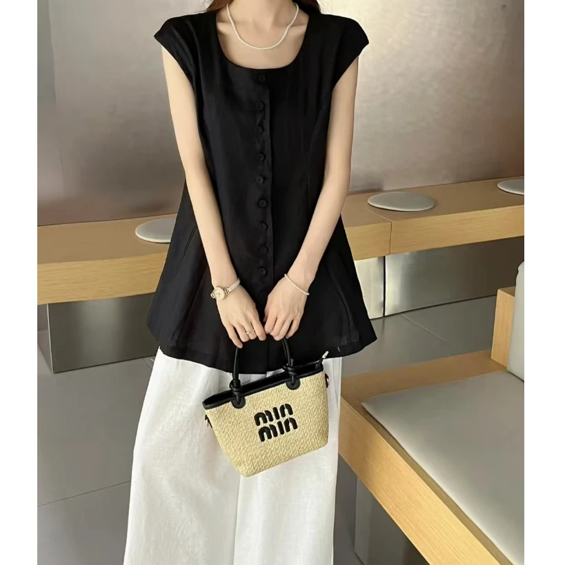 DEZI老钱风圆领排扣亚麻时尚显瘦无袖小衫HD59395077