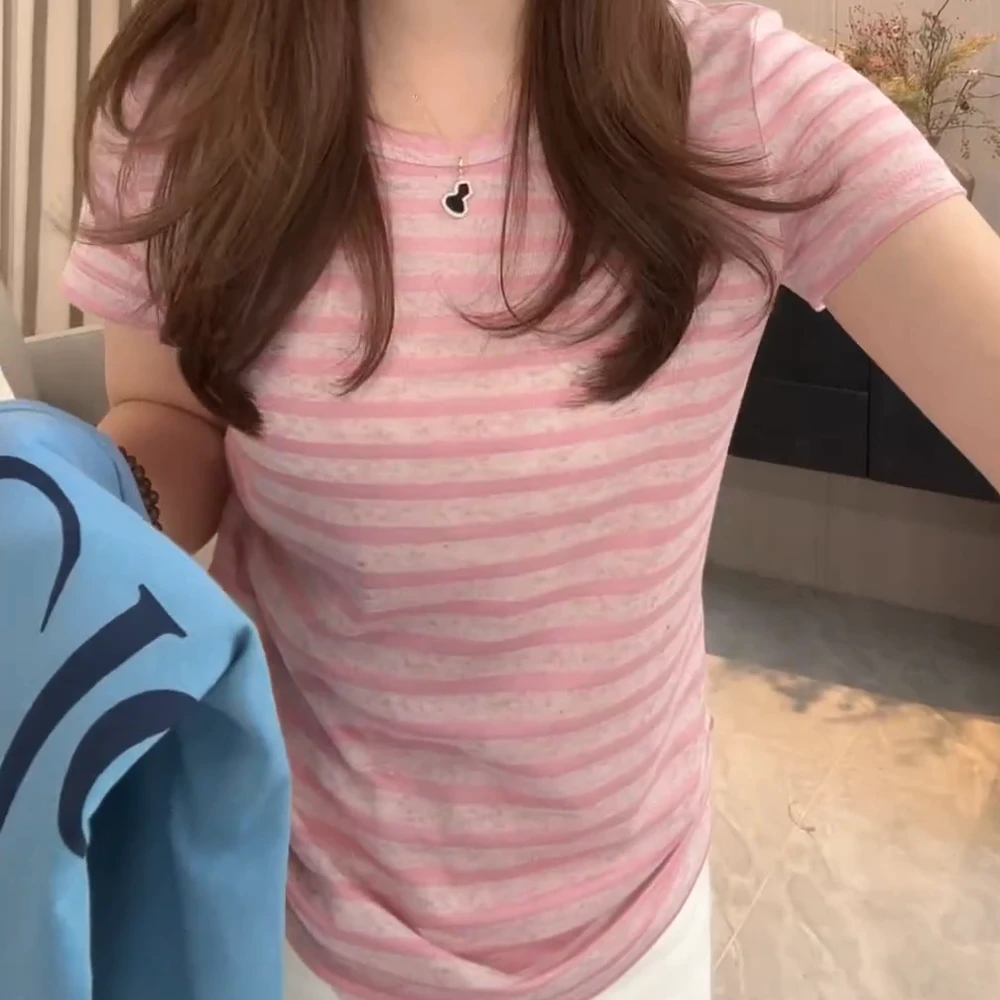 2025新款修身显瘦条纹圆领短袖T恤上衣夏季ins韩版小众