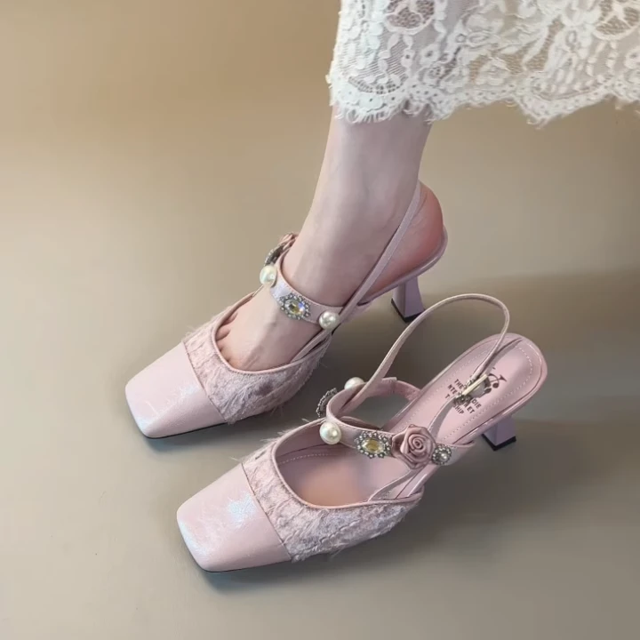 Pokoy-7cm法式复古方头水钻一字带凉鞋女新款百搭粗跟露趾凉鞋