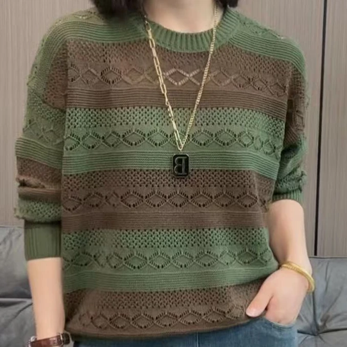 提花撞色针织衫2025春秋新款宽松遮肉百搭镂空女士洋气减龄上衣潮