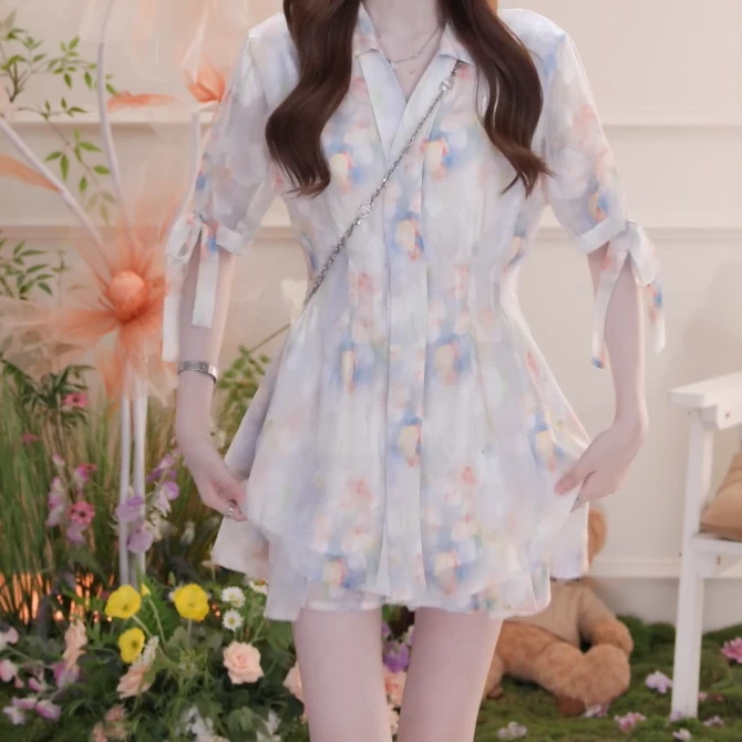 渐变印花衬衫休闲短裤套装新款多巴胺两件套C5381