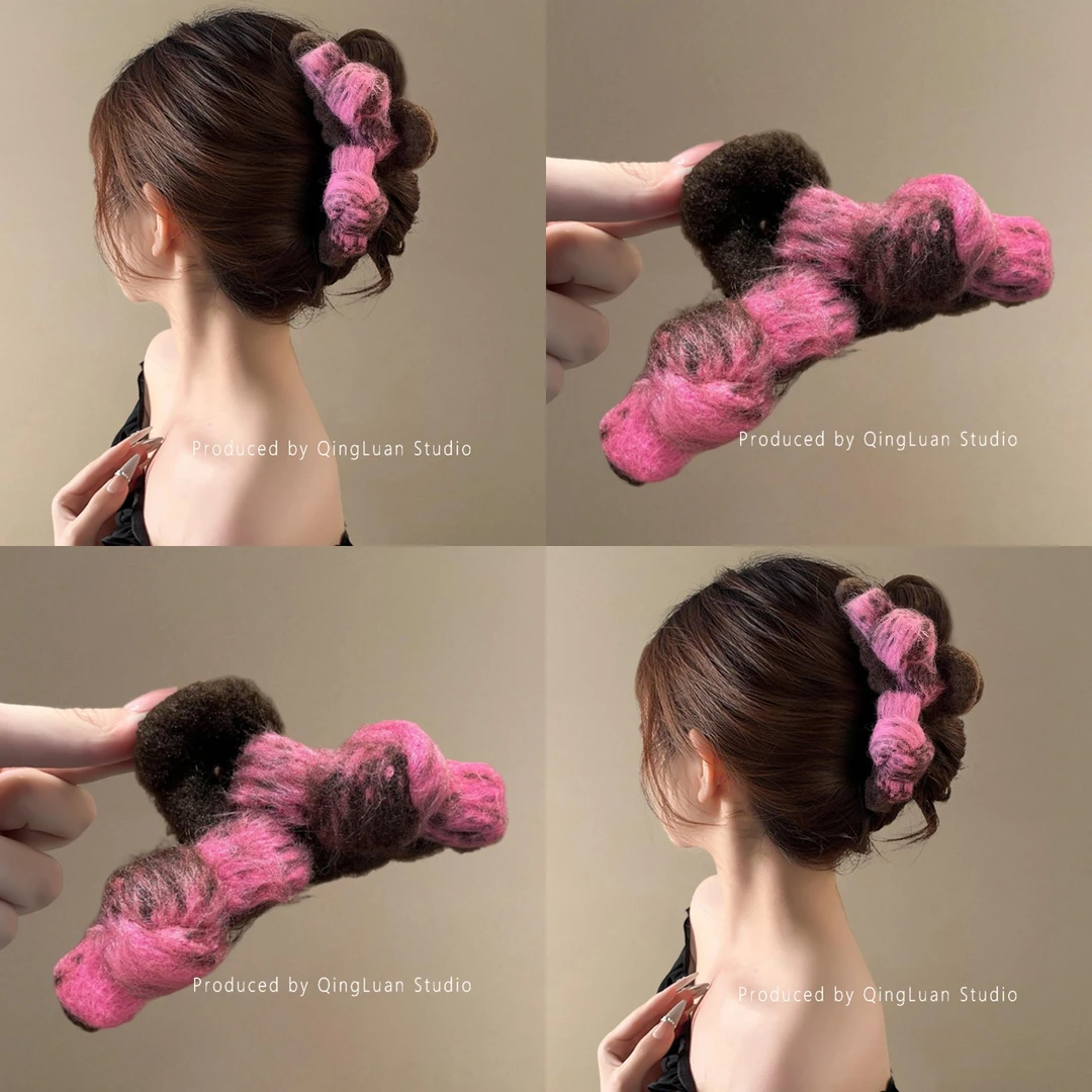 雾色桃夭~秋冬毛绒蝴蝶结抓夹女高级感韩系甜美气质鲨鱼夹盘发器