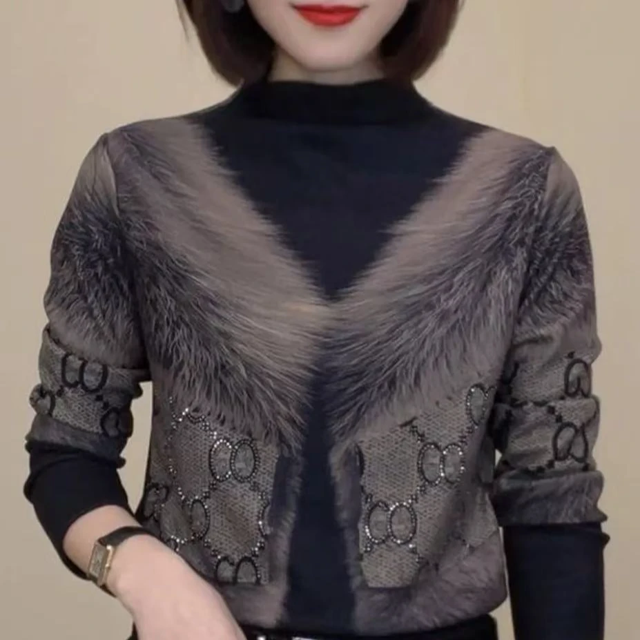 欧货秋冬新款烫钻印花气质设计感女士显瘦打底衫-9922