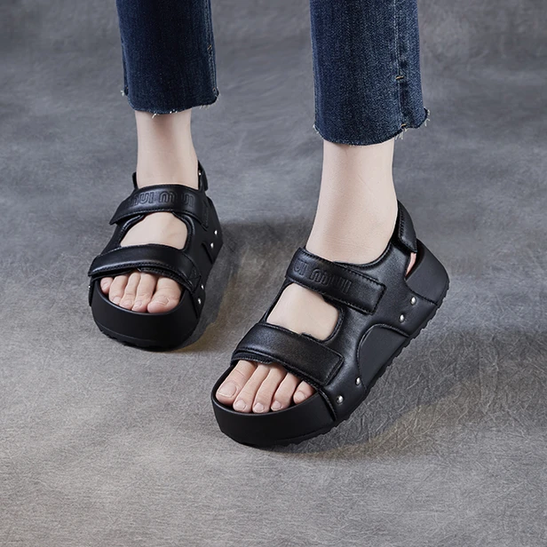 羊皮时尚凉鞋女厚底2025新款夏季百搭软底运动凉鞋休闲真皮高级感