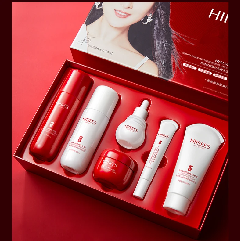 韩瑟清透润颜套装玻尿酸红石榴水乳保湿护肤六件套补水提亮礼盒