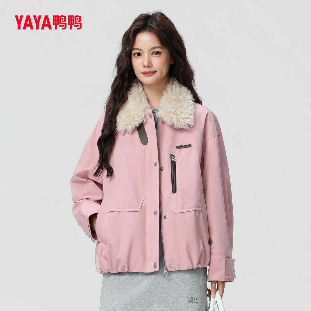 YAYA/鸭鸭90绒羽绒服女士短款冬季拼领巴恩风百搭外套YE5B608971A