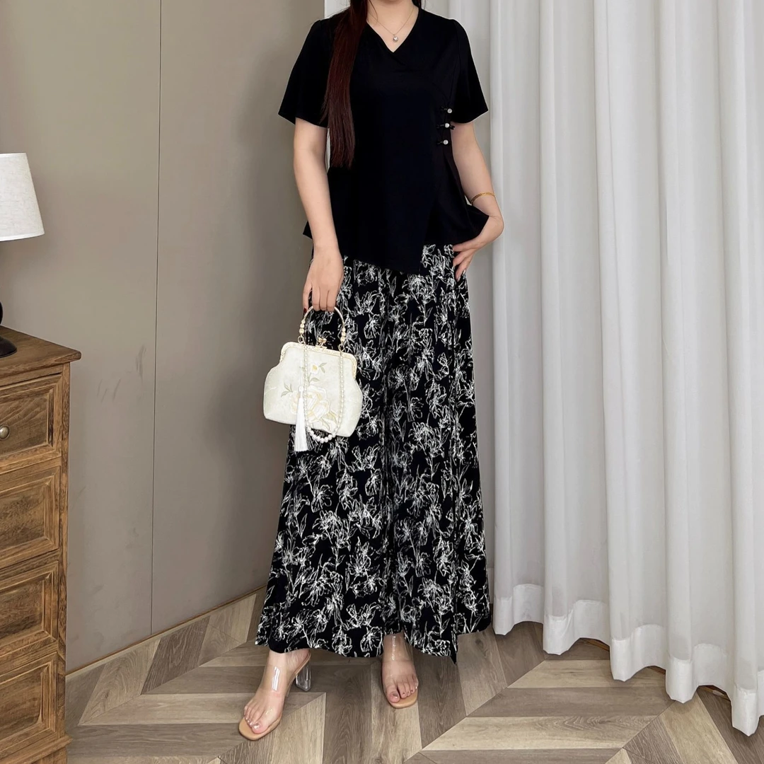 【苹果现货清清】PMM81193 夏季新款百搭简约显瘦水墨画裤子