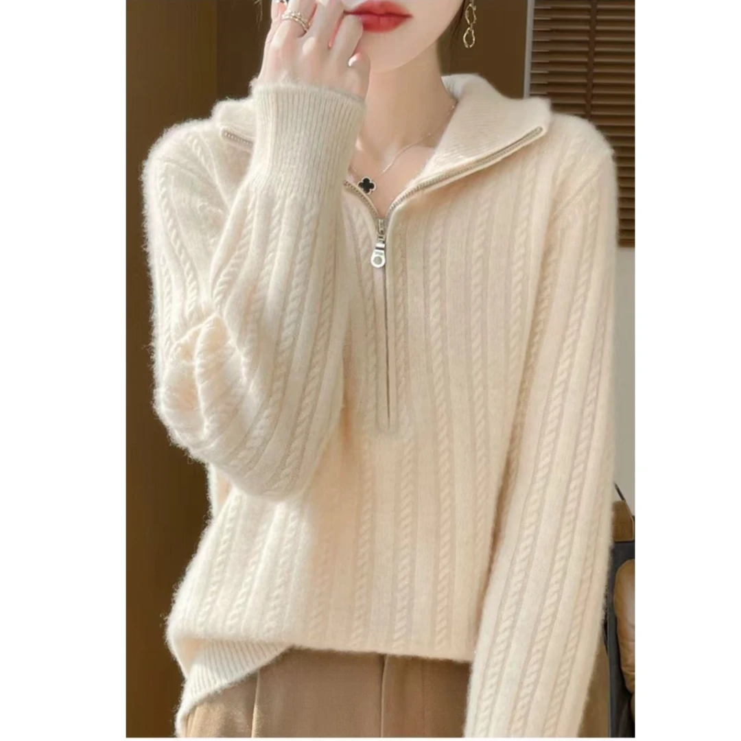 春天5店【高品质】设计感满满羊毛羊绒衫半拉链半高领厚款气质针织