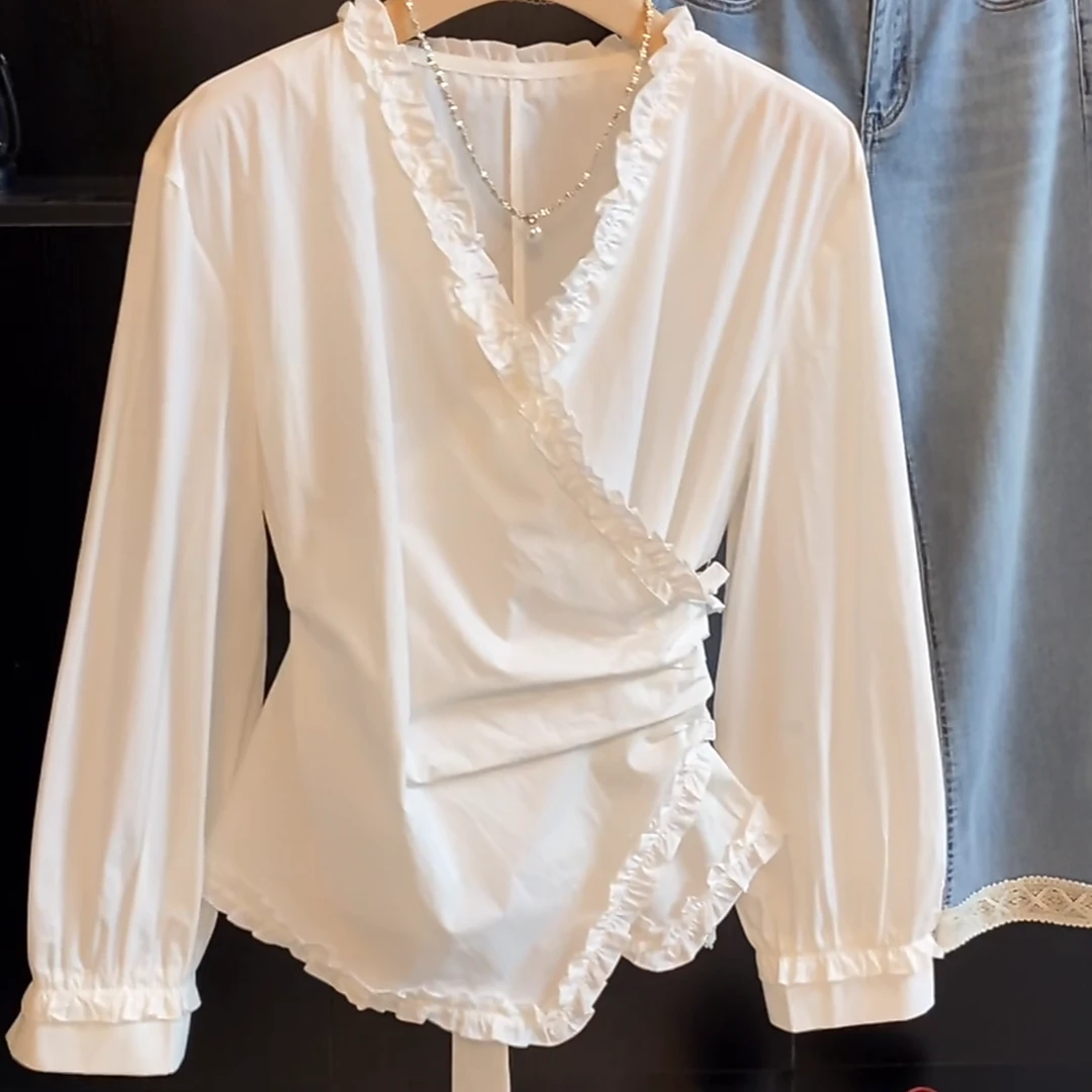 设计感荷叶边V领绑带收腰长袖衬衫2025新款春季时尚法式白色衬衣